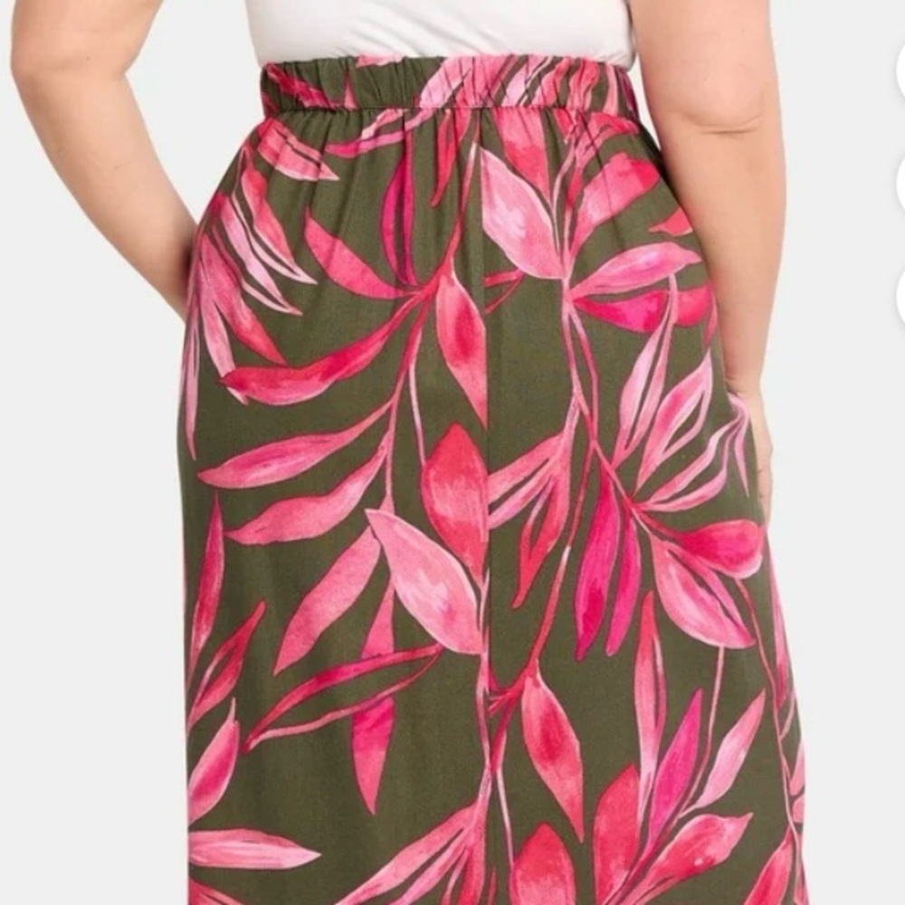 Time and Tru Pink Tropical Leaf Linen‎ Blend Midi Skirt XL 16-18 Olive Green NWT